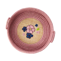 Round Raffia Bread Basket Embroidered Flowers Rice DK